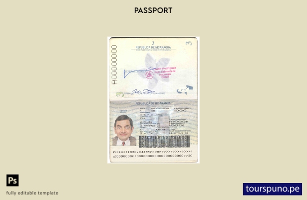 Plantilla de pasaporte de Nicaragua lista para imprimir